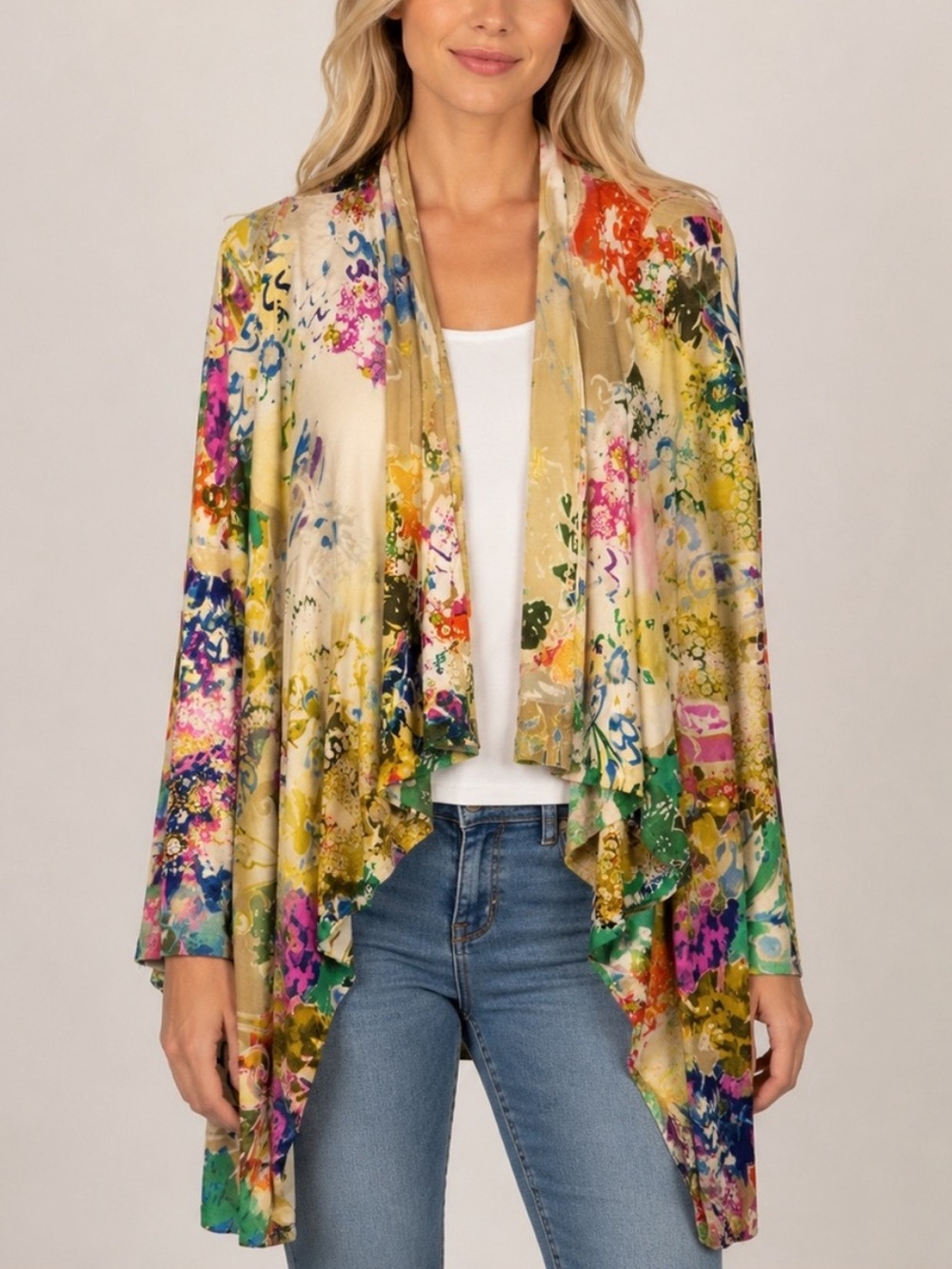 ETRO Milano 100% Silk Floral Watercolor Open Front Cardigan Size 44 6011